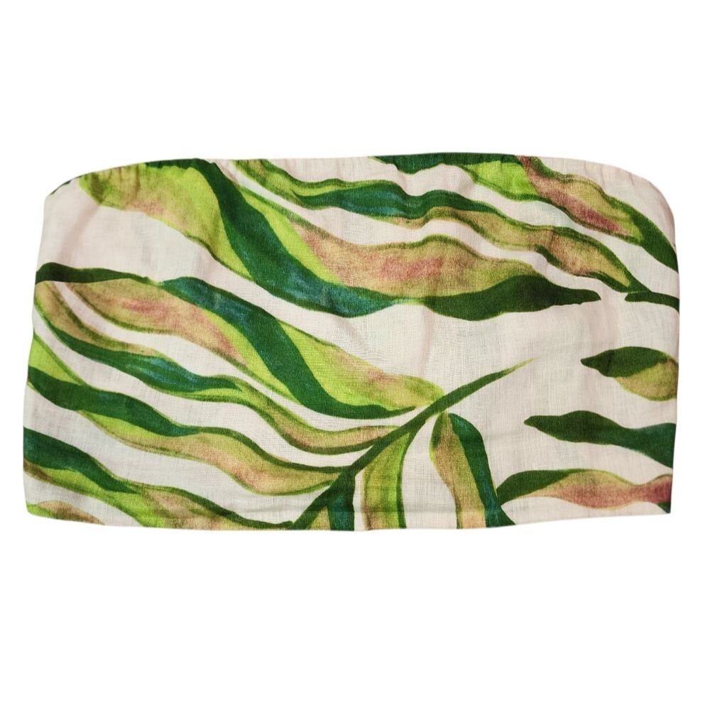 Magaschoni Bandeau Top Women M Green Cream 100% Linen Tropical Strapless Cropped